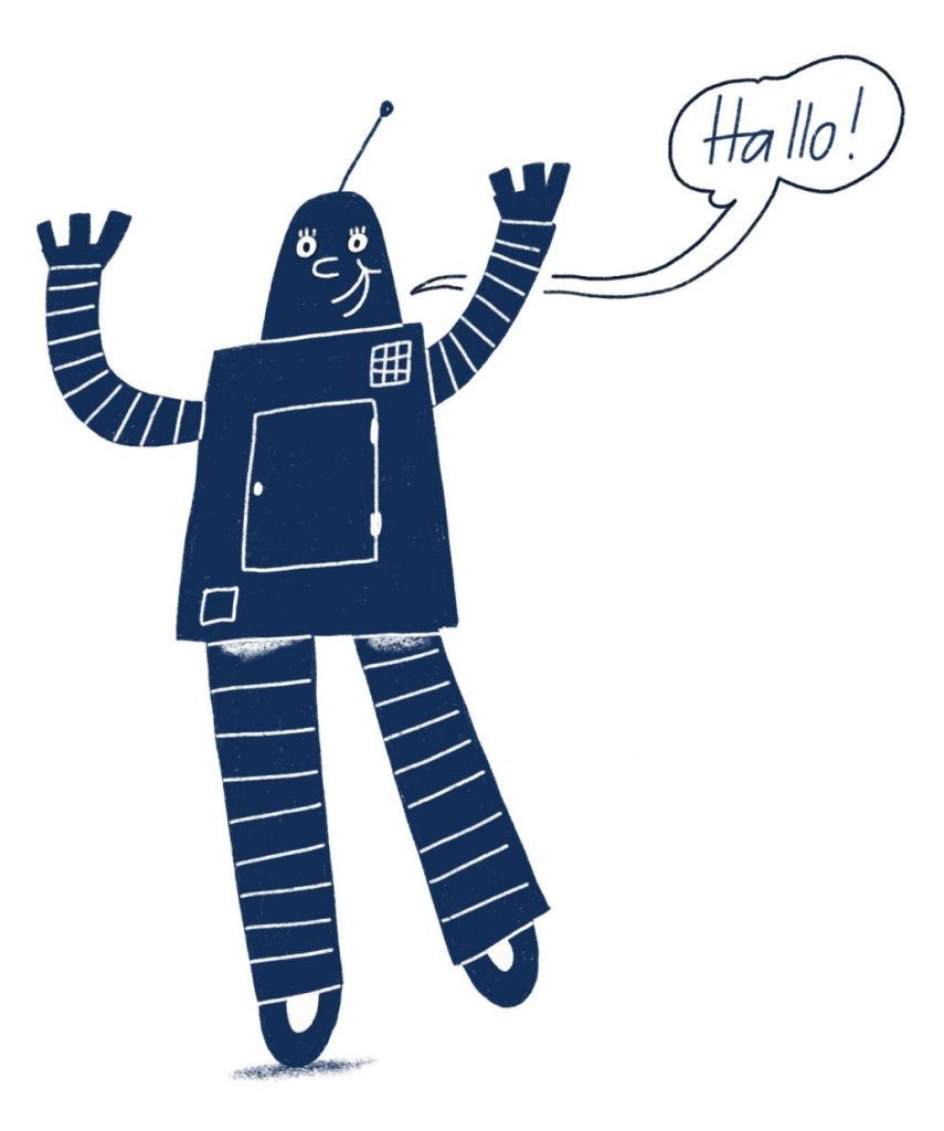 Robbie, ein gezeichneter Roboter mit Rollen als Füßen und Antennen auf dem Kopf, winkt. In einer Sprechblase steht „Hallo".